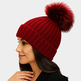Knitted Fox Fur Pom Pom Winter Beanie Hat
